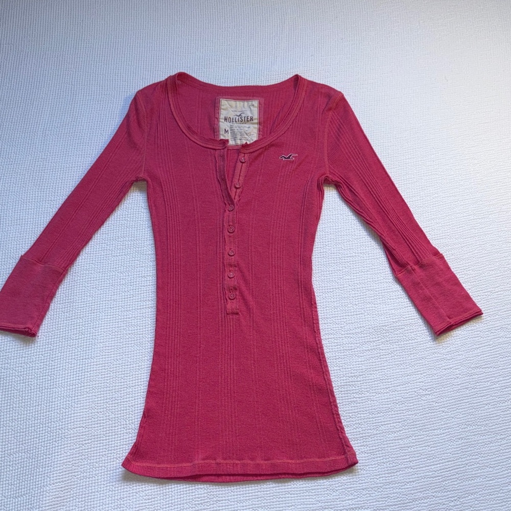 Vintage Hollister Ribbed Henley Long Sleeve Top in Rose Pink & Blue